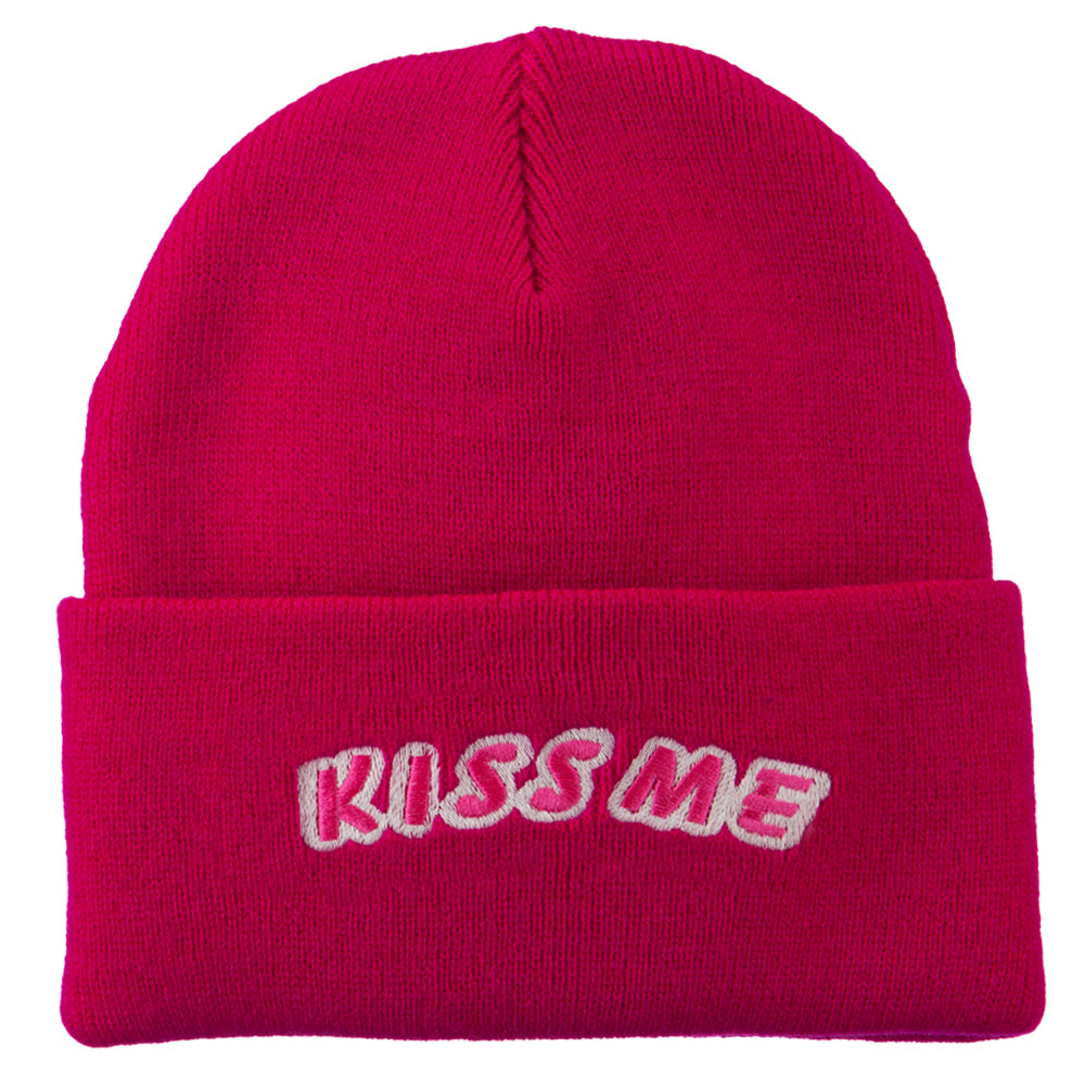 Kiss Me Embroidered Long Knit Beanie - Hot Pink OSFM