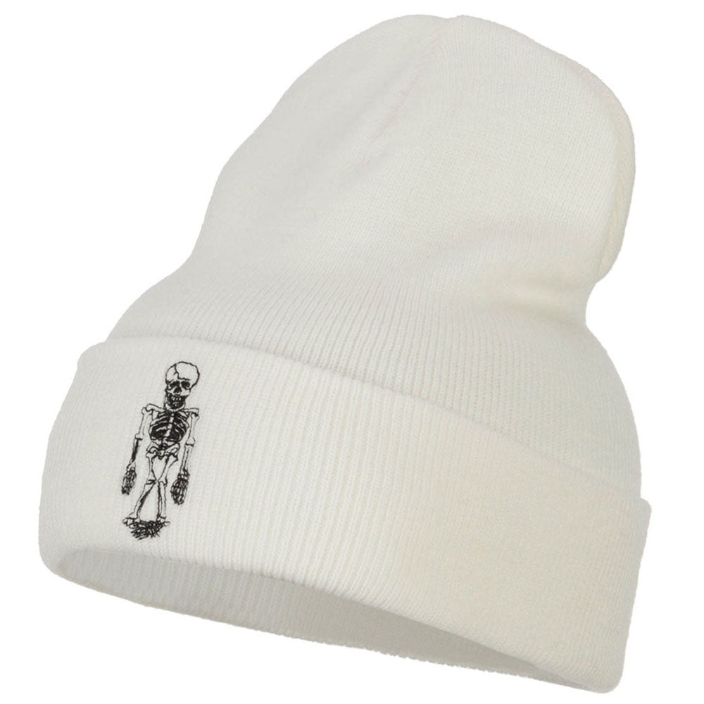 Skeleton Outline Embroidered Long Beanie - White OSFM