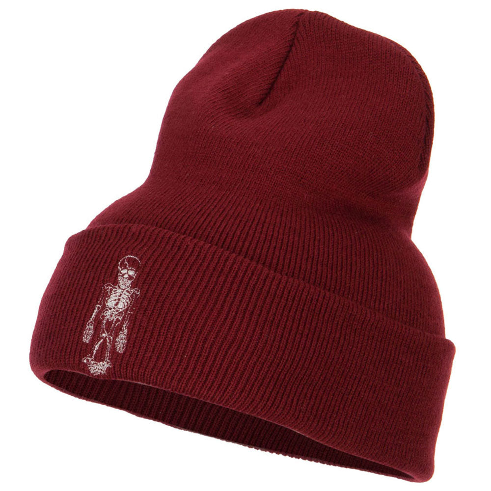 Skeleton Outline Embroidered Long Beanie - Maroon OSFM