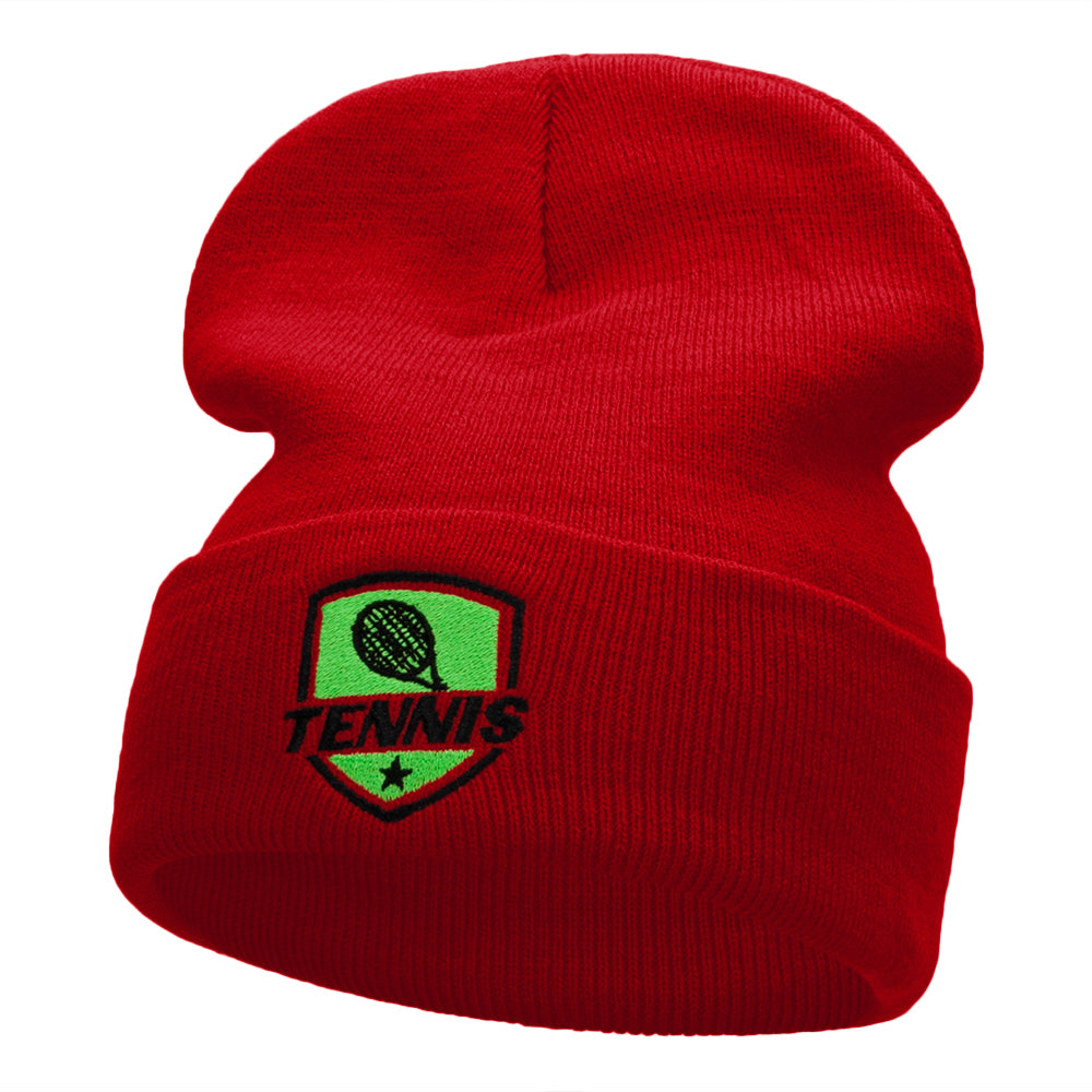 Tennis Racquet Logo Embroidered Long Knitted Beanie - Red OSFM