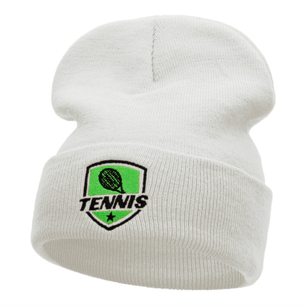 Tennis Racquet Logo Embroidered Long Knitted Beanie - White OSFM