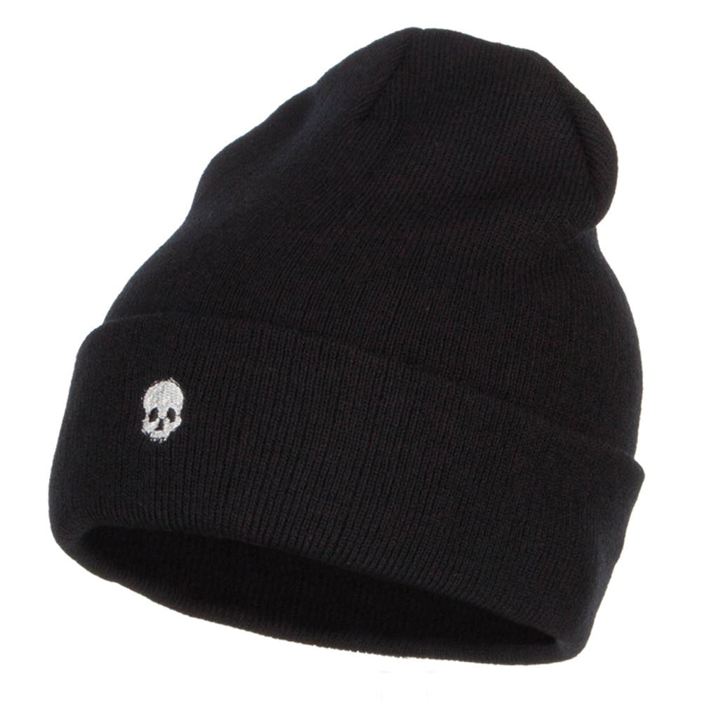 Mini Skull Embroidered Long Beanie - Black OSFM