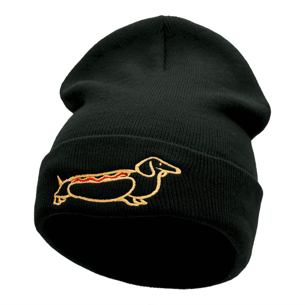 Adorable Dachshund Outline Embroidered Knitted Long Beanie - Black OSFM