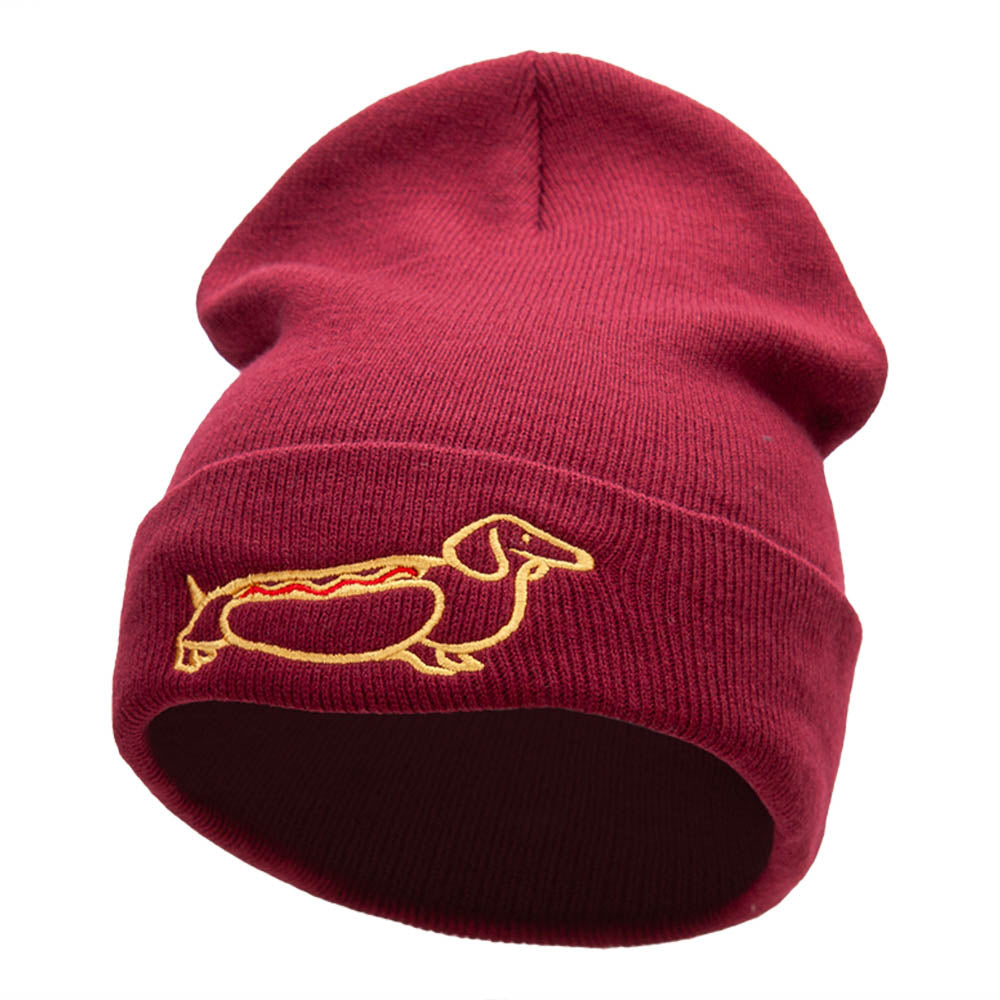 Adorable Dachshund Outline Embroidered Knitted Long Beanie - Maroon OSFM