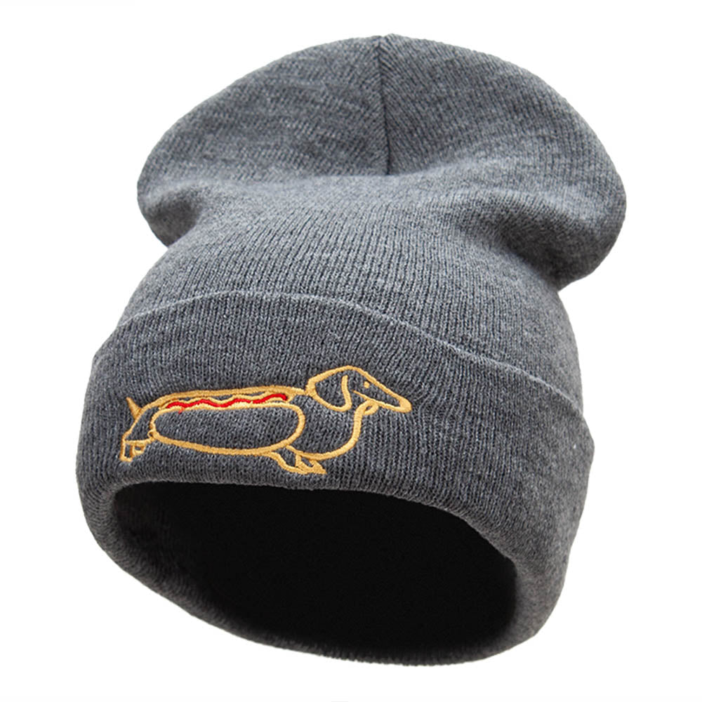Adorable Dachshund Outline Embroidered Knitted Long Beanie - Heather Charcoal OSFM