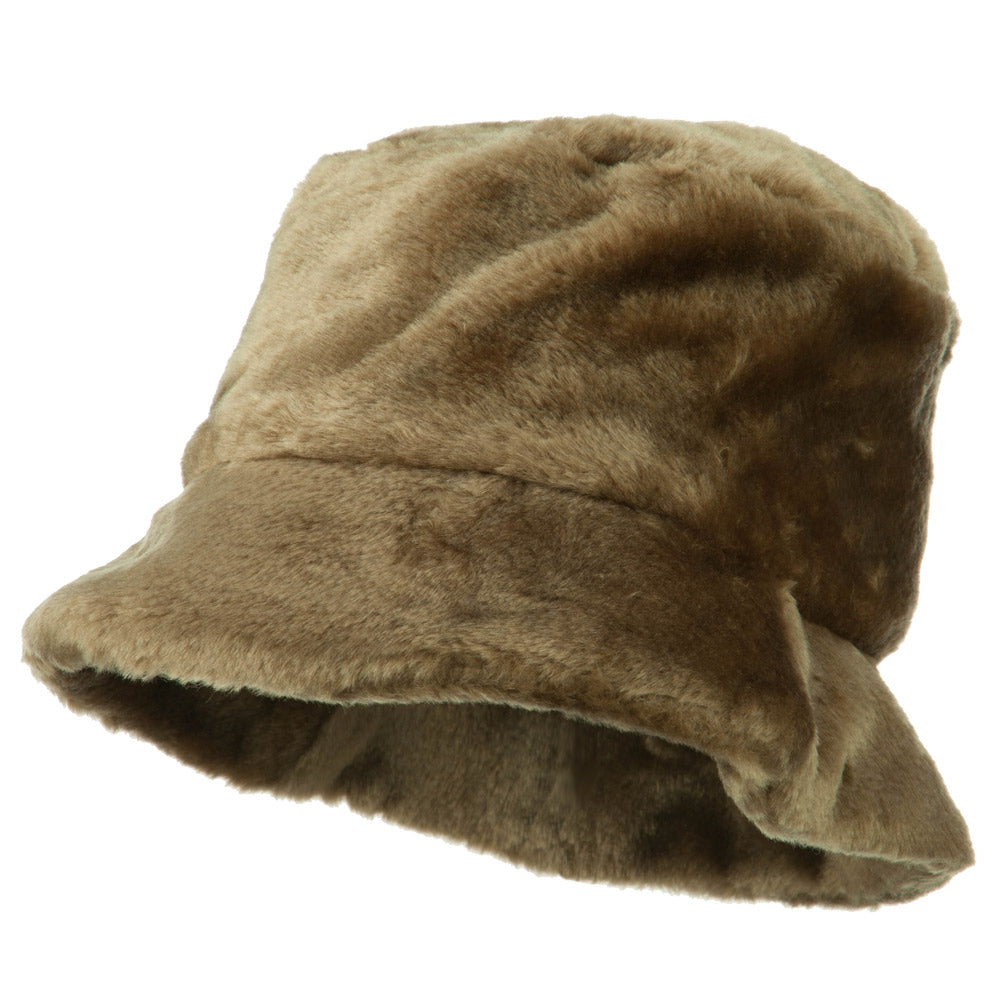 Faux Fur Large Brim Bucket Hat - Brown OSFM