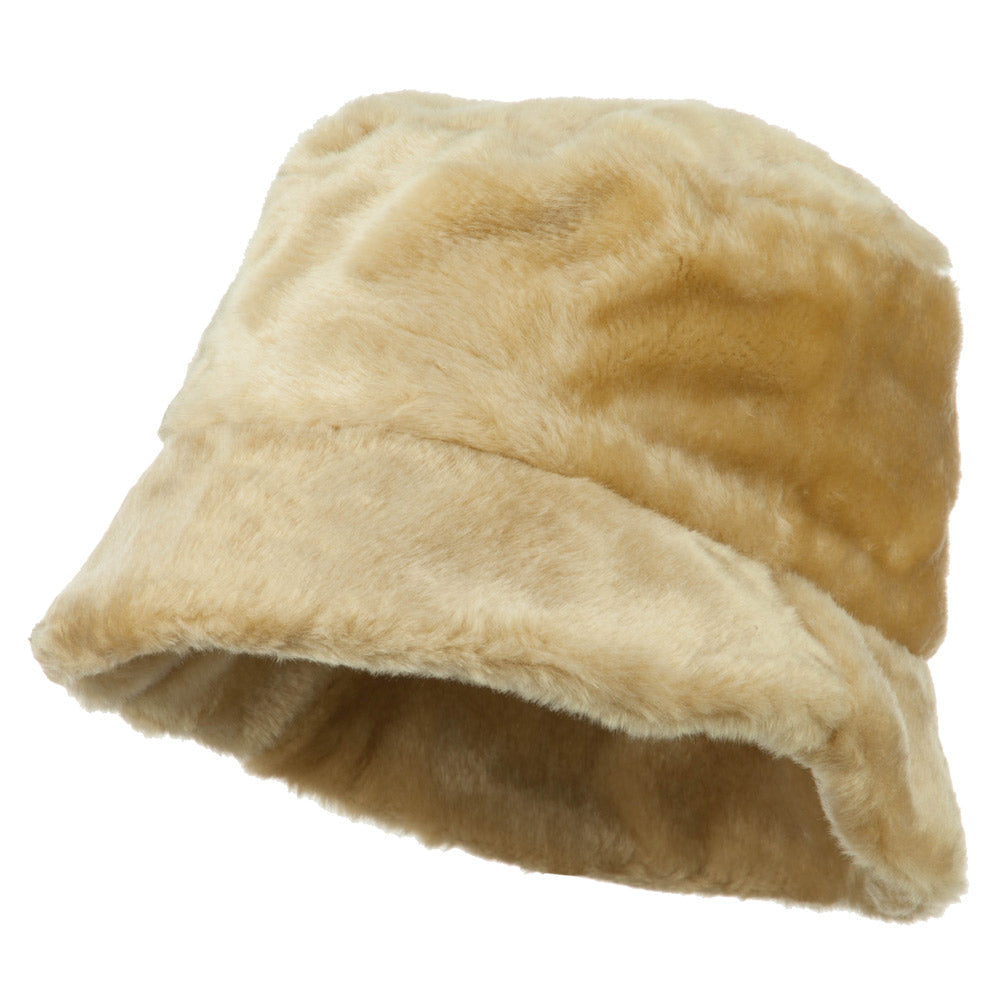 Faux Fur Large Brim Bucket Hat - Beige OSFM