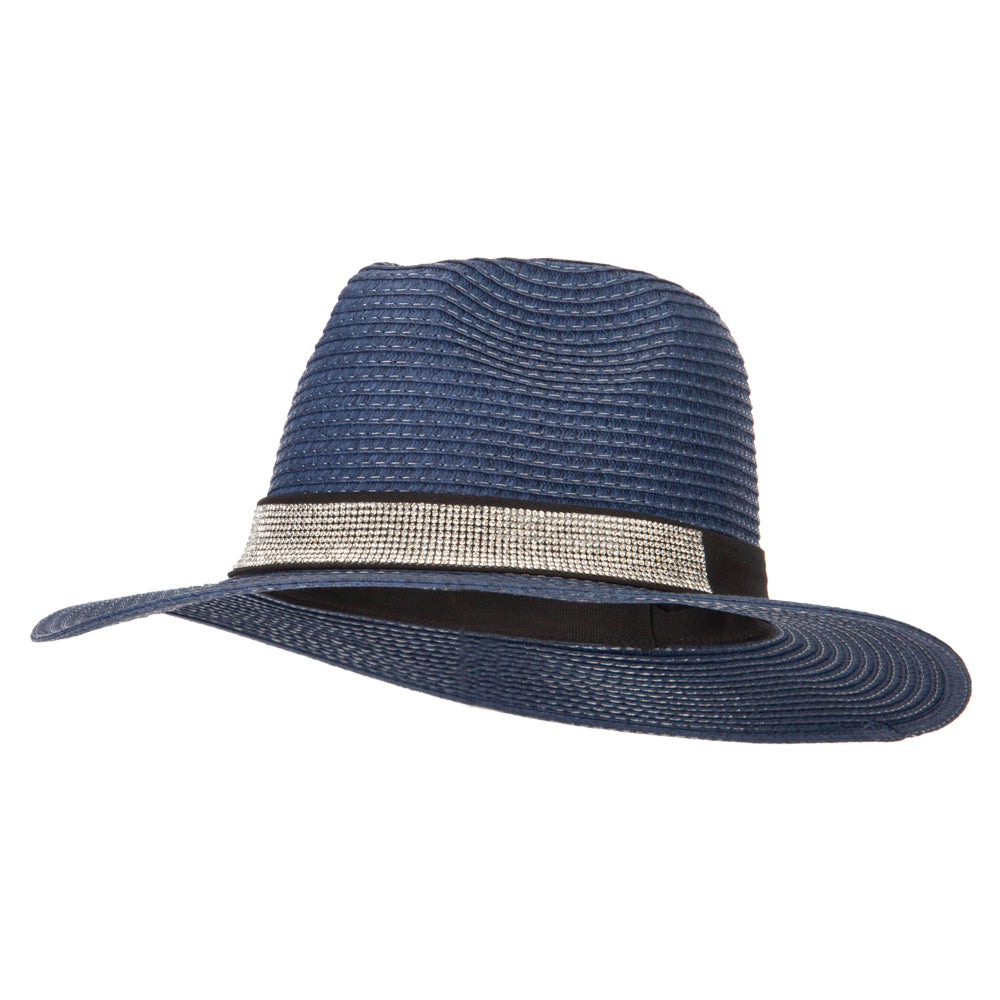 Ladies Paper Straw Rhinestone Band Panama Fedora Hat - Navy OSFM