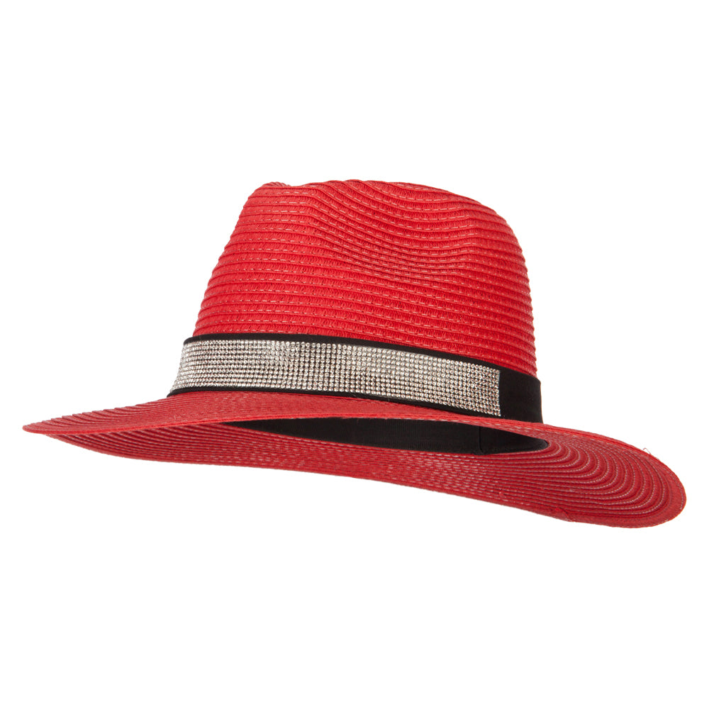 Ladies Paper Straw Rhinestone Band Panama Fedora Hat - Red OSFM