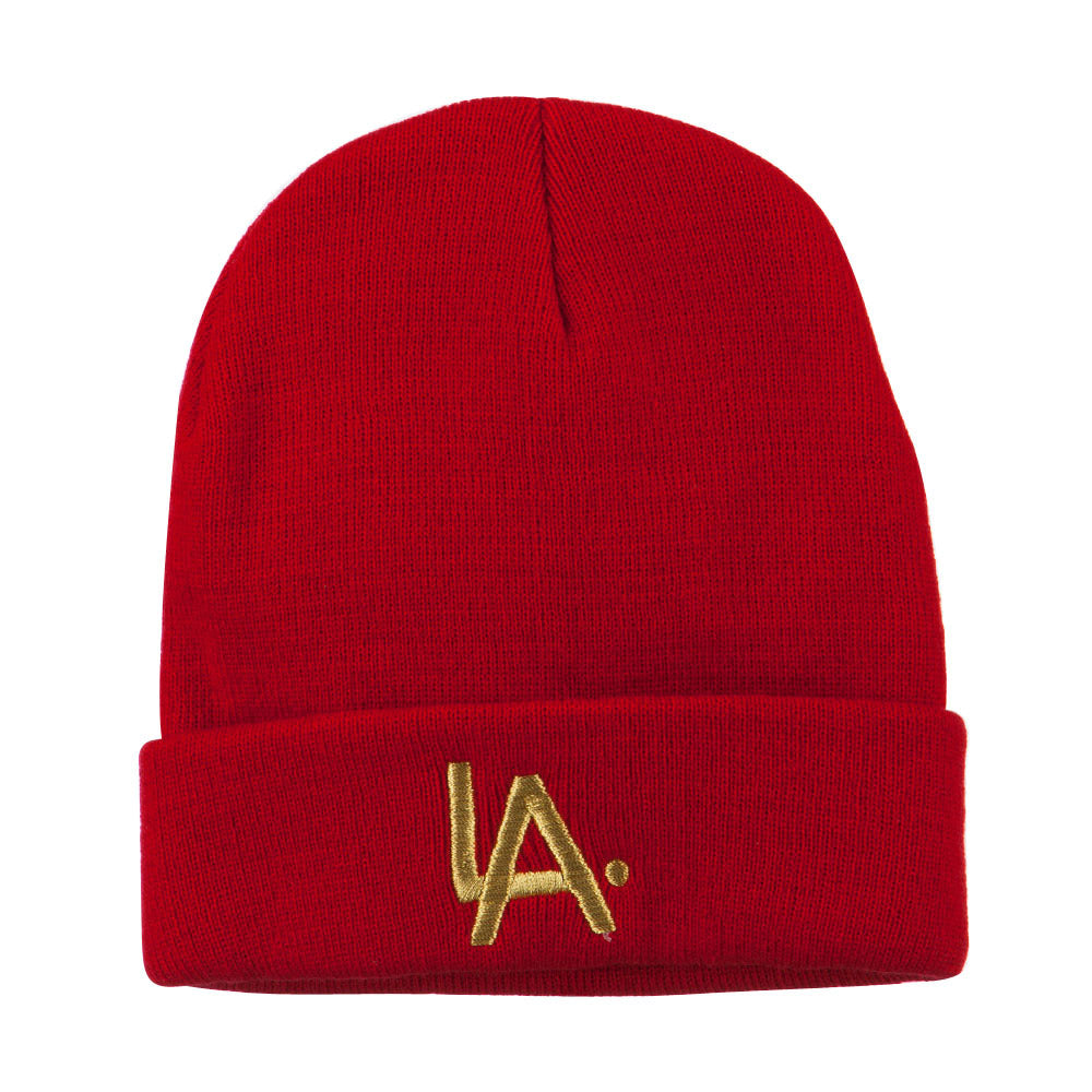 LA Embroidered Long Beanie - Red OSFM