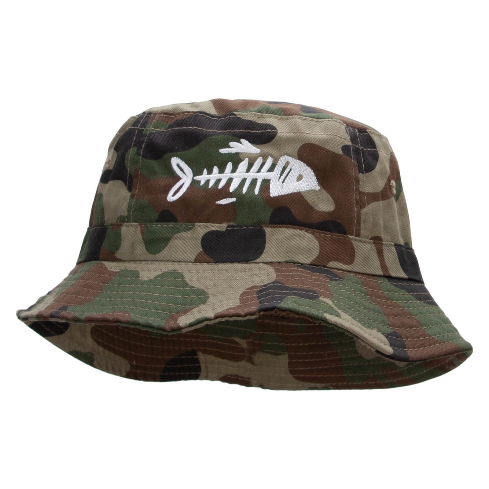 Fish Bone Embroidered Bucket Hat - Green Camo OSFM