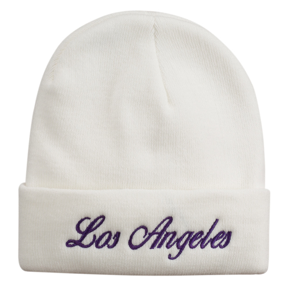 Los Angeles Embroidered Long Cuff Beanie - White OSFM