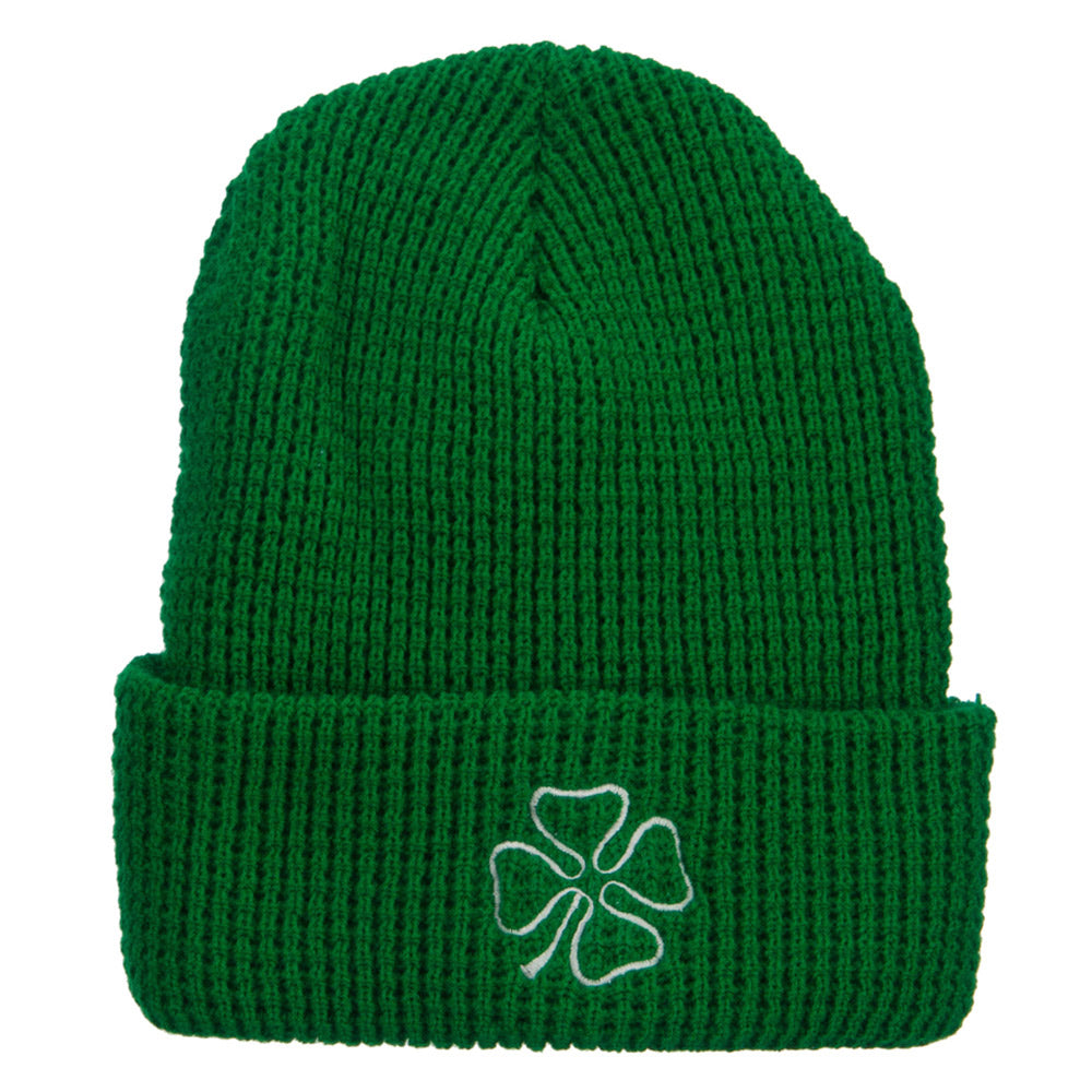 Leaf Clover Embroidered Waffle Cuff Beanie - Kelly XL-3XL