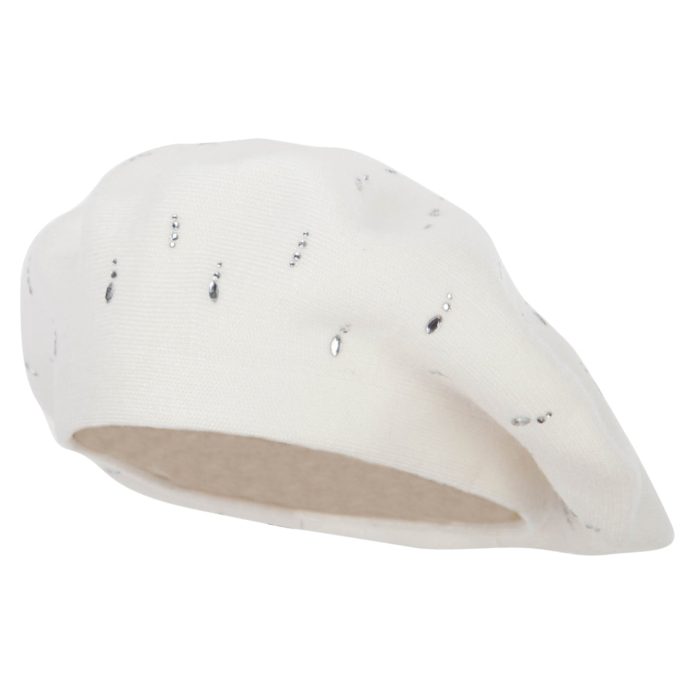 Ladies Beads Accented Acrylic Angora Beret Hat - White OSFM