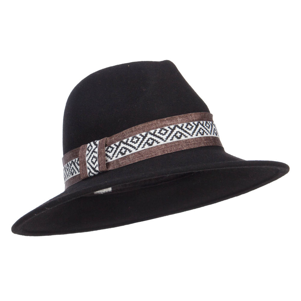 Women&#039;s Large Brim Tribal Wool Fedora - Black OSFM