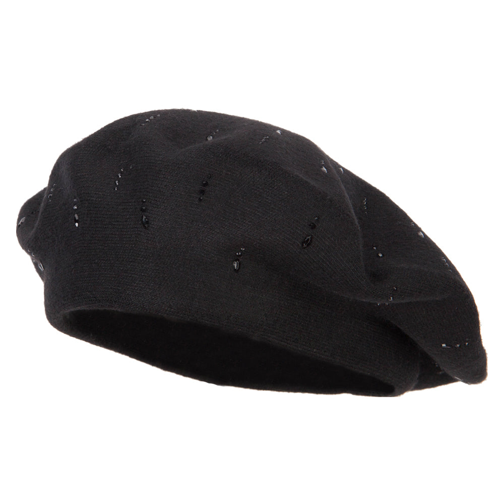 Ladies Beads Accented Acrylic Angora Beret Hat - Black OSFM