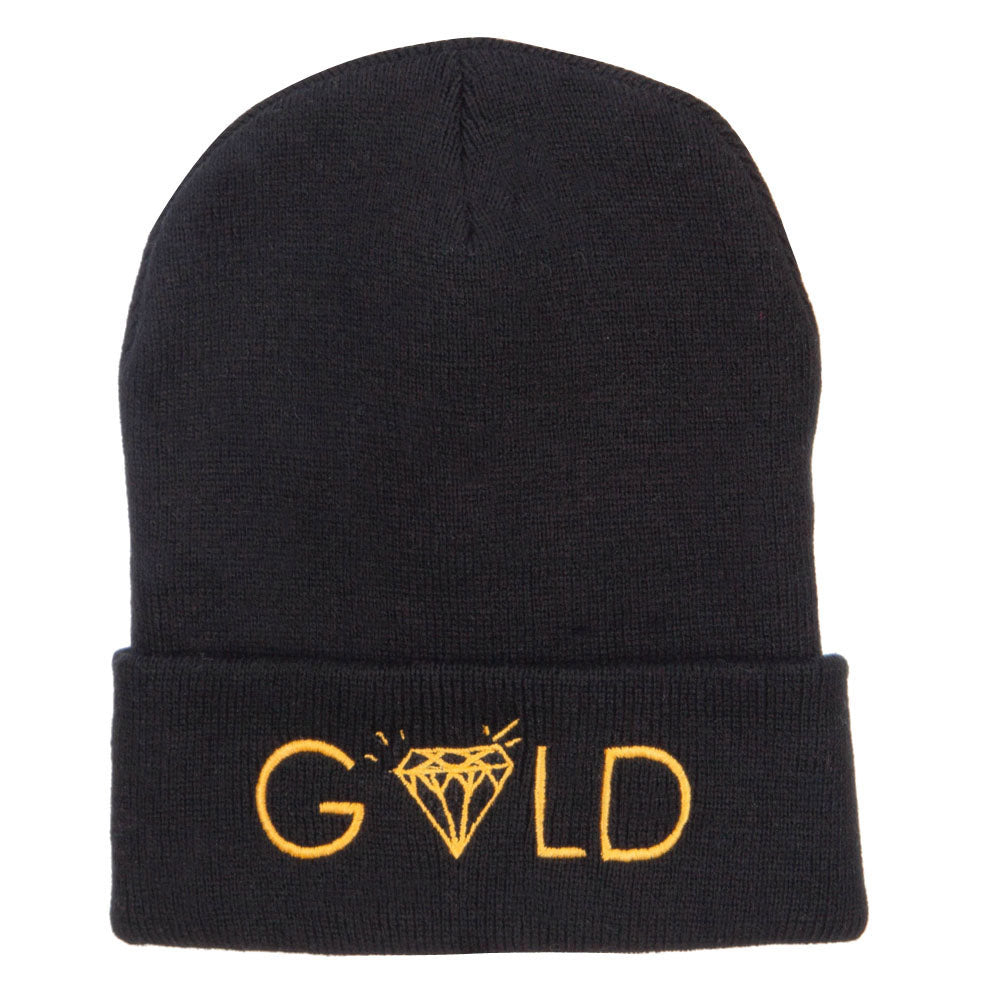 Gold Diamond Logo Embroidered Long Beanie - Black OSFM