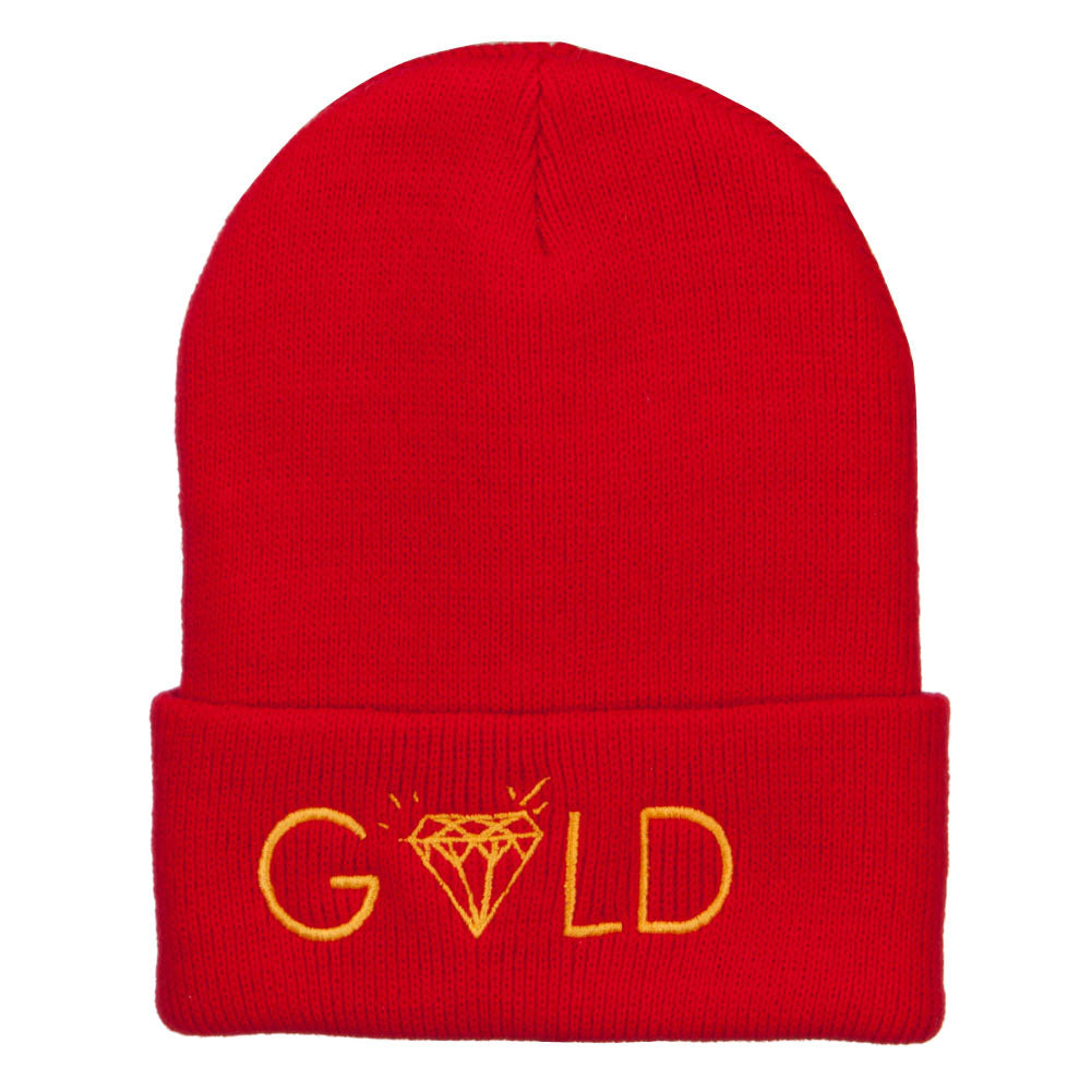 Gold Diamond Logo Embroidered Long Beanie - Red OSFM