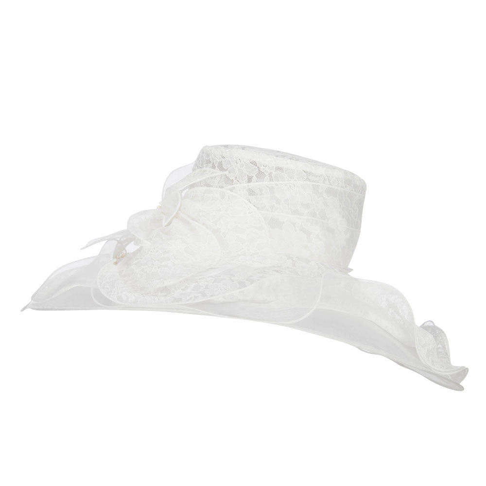 Lace Covered Wide Organza Hat - White OSFM