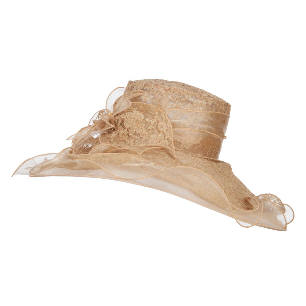 Lace Covered Wide Organza Hat - Natural Gold OSFM