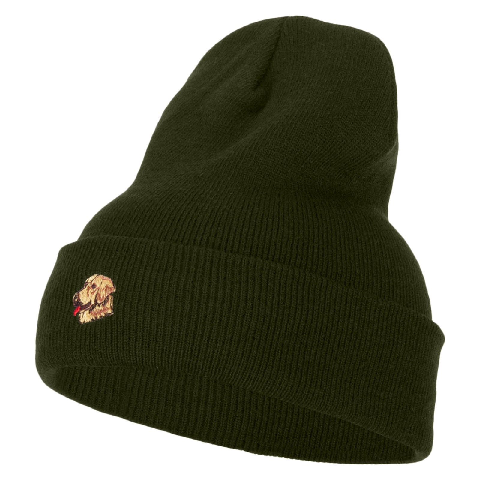 Golden Retriever Head Embroidered Long Knitted Beanie - Olive OSFM