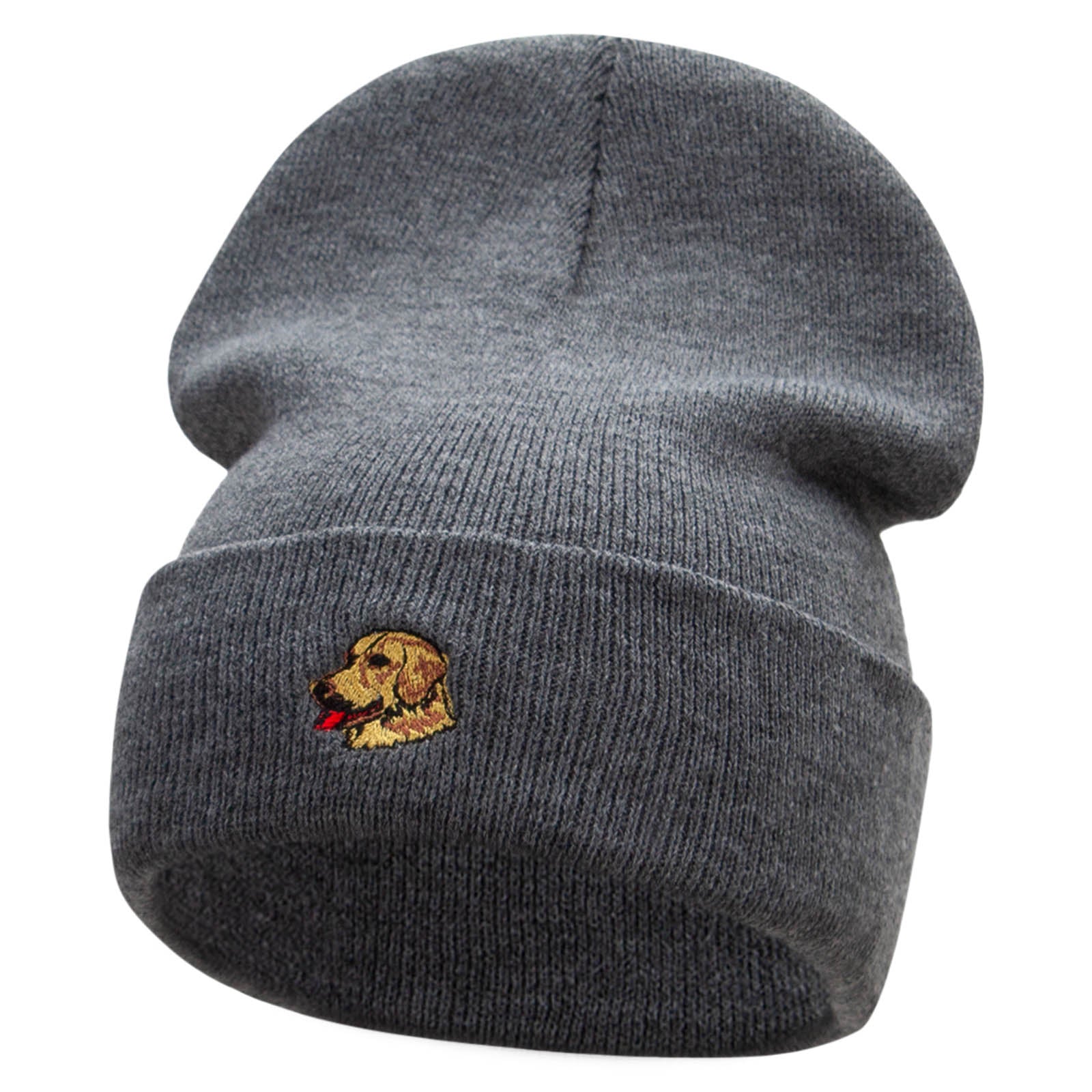 Golden Retriever Head Embroidered Long Knitted Beanie - Heather Charcoal OSFM