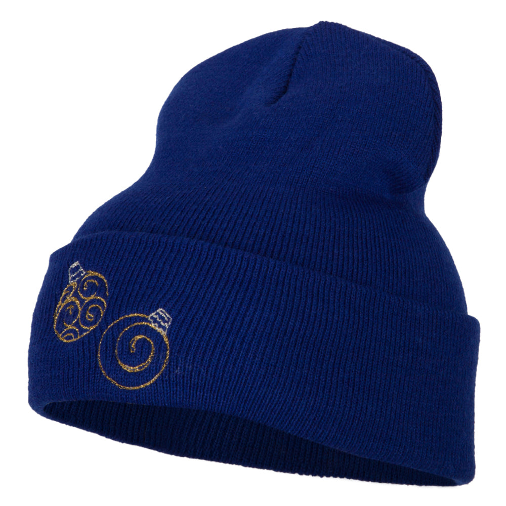 Glitter Christmas Ornaments Embroidered Long Knitted Beanie - Royal OSFM