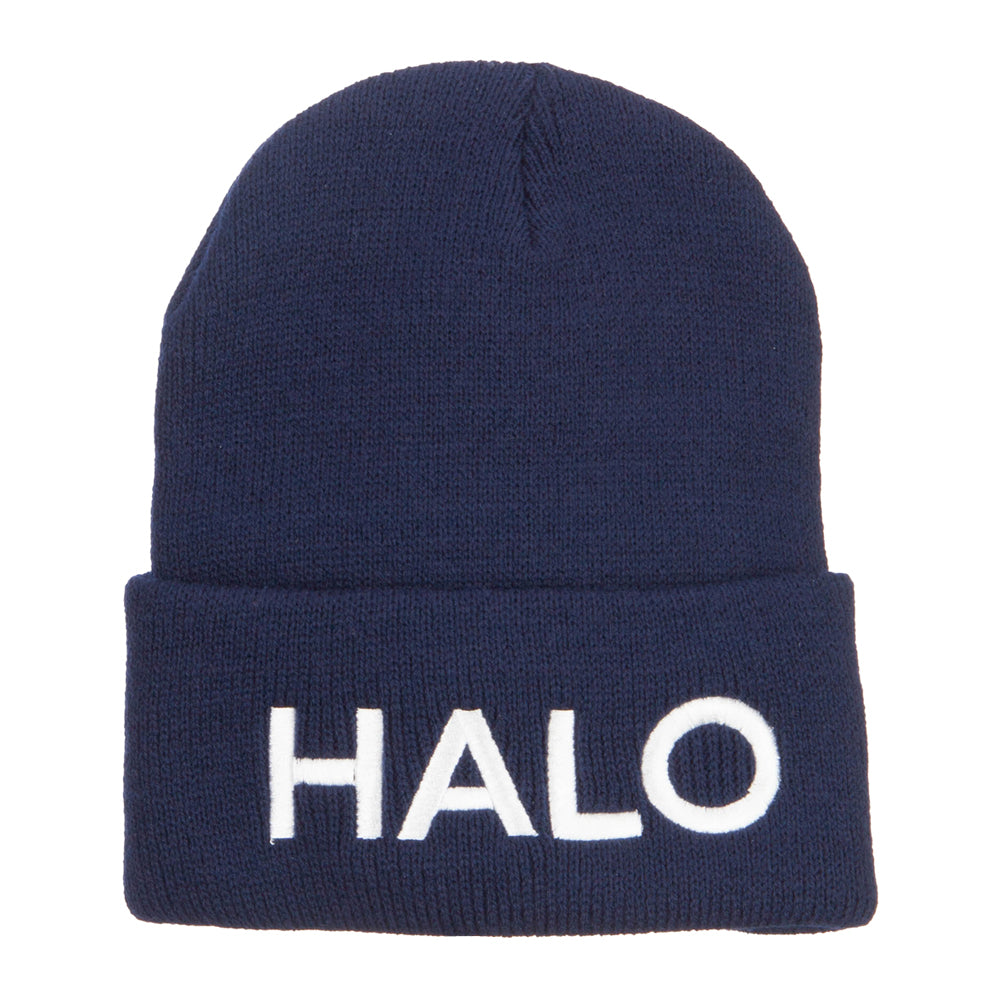 Halo Embroidered Long Beanie - Navy OSFM
