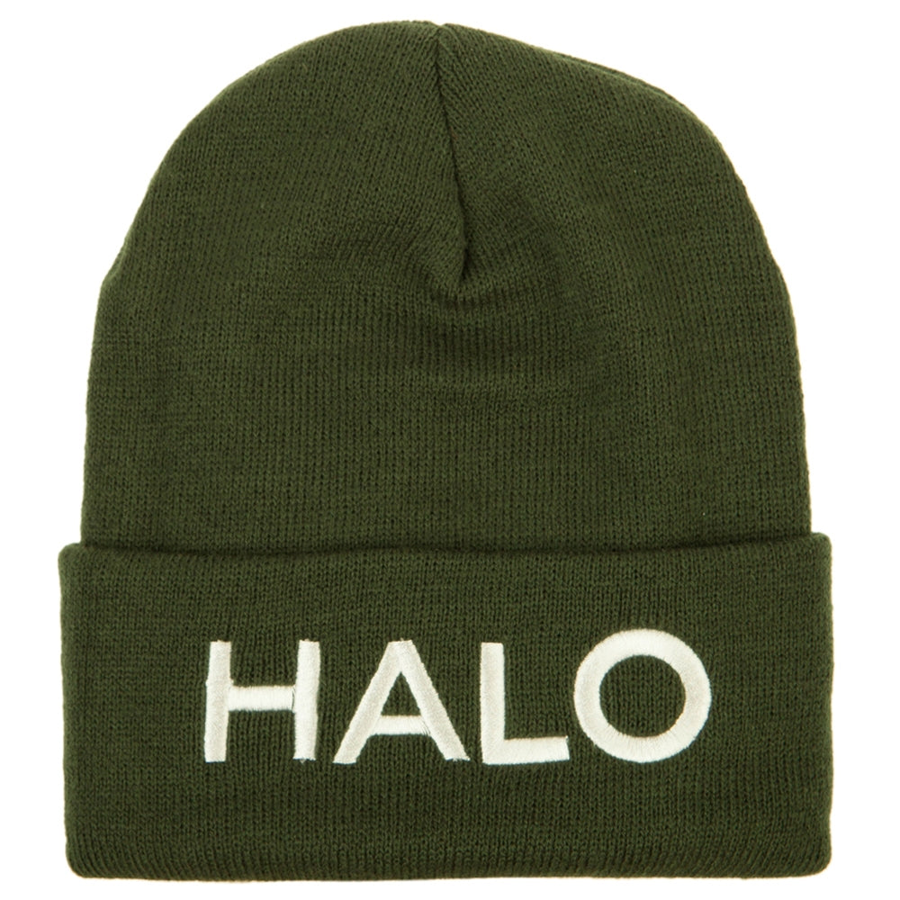 Halo Embroidered Long Beanie - Olive OSFM
