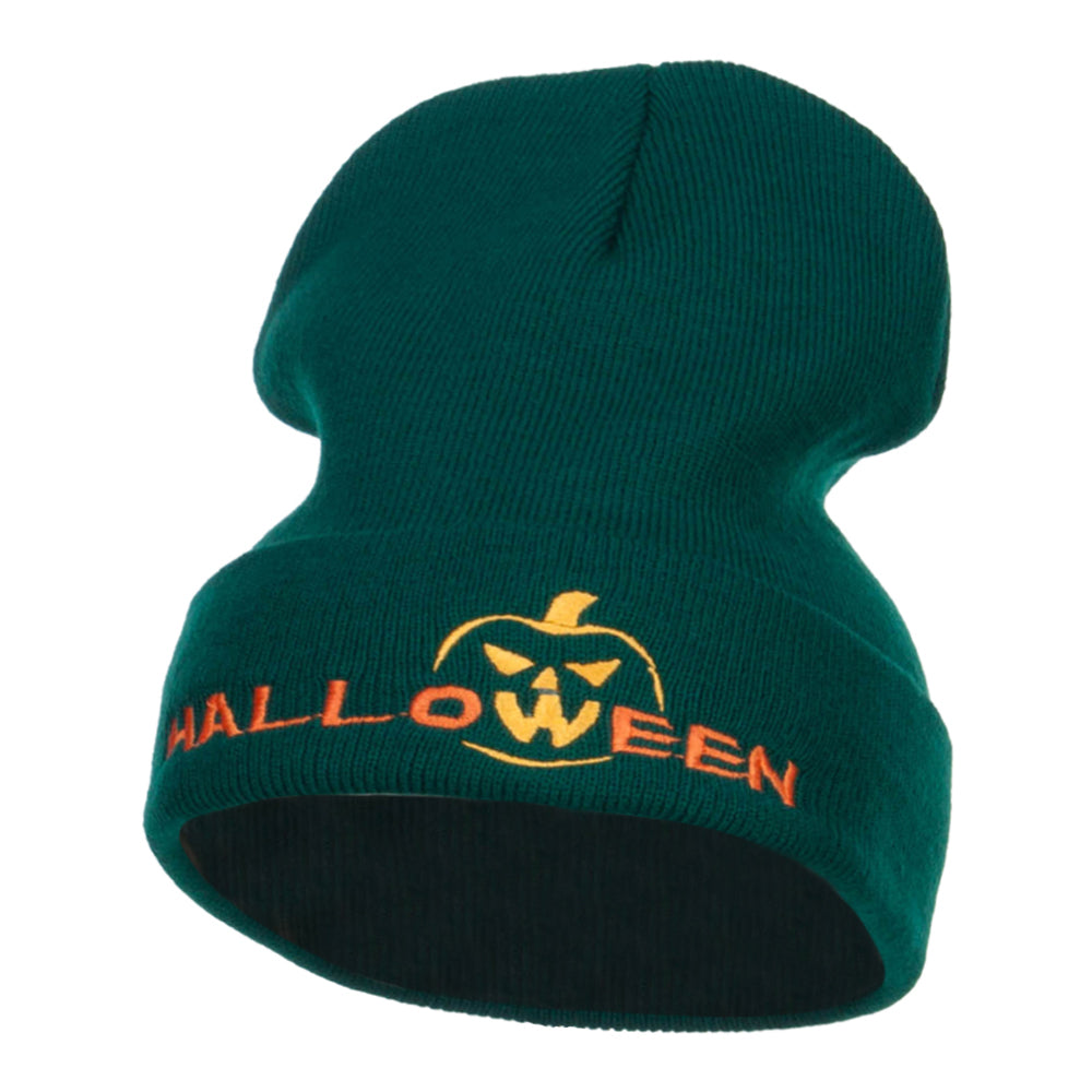 Halloween Pumpkin Face Embroidered Long Beanie - Dk Green OSFM