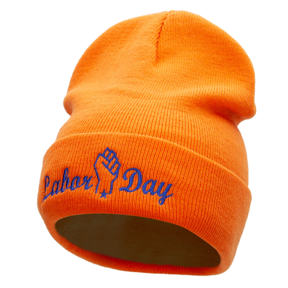 Labor Day Raised Fist Embroidered 12 Inch Long Knitted Beanie - Orange OSFM