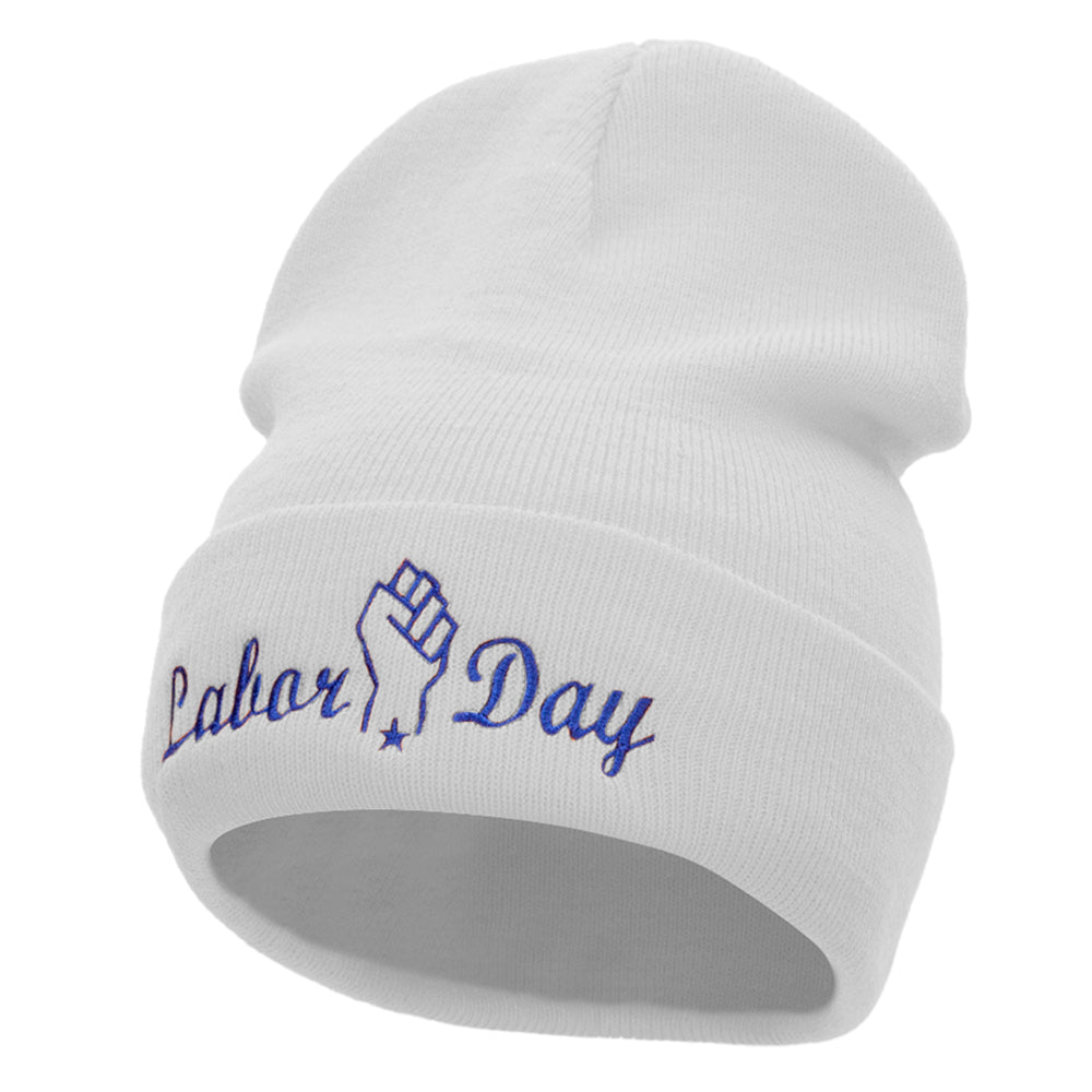 Labor Day Raised Fist Embroidered 12 Inch Long Knitted Beanie - White OSFM