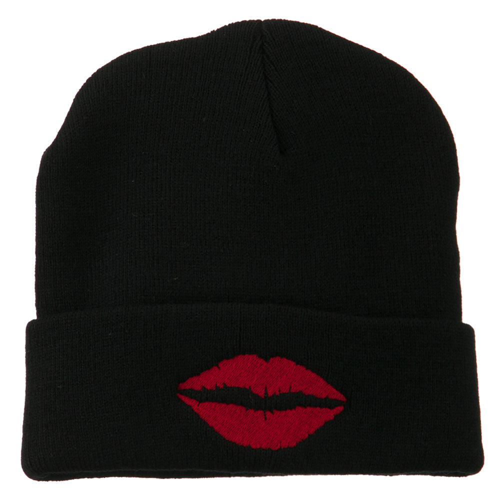 Lip Kiss Embroidered Cuff Long Beanie - Black OSFM