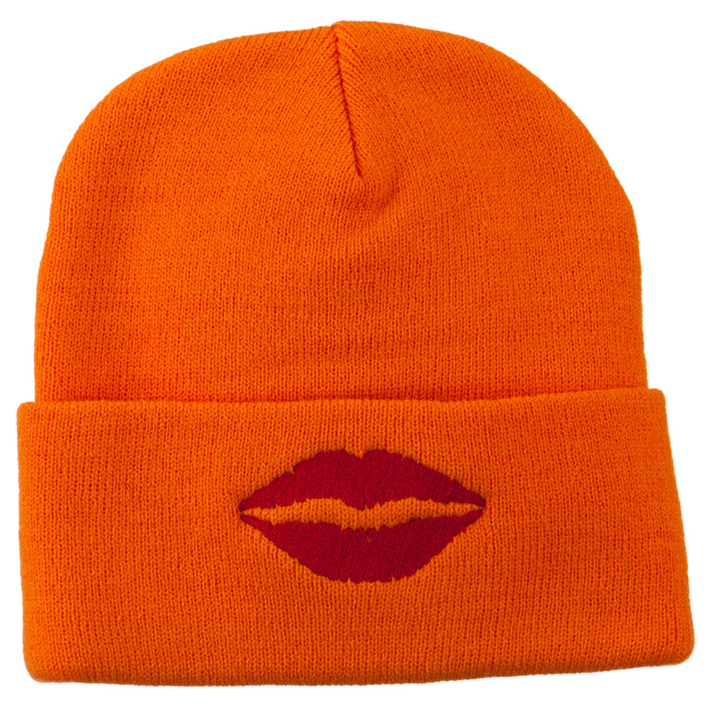 Lip Kiss Embroidered Cuff Long Beanie - Orange OSFM