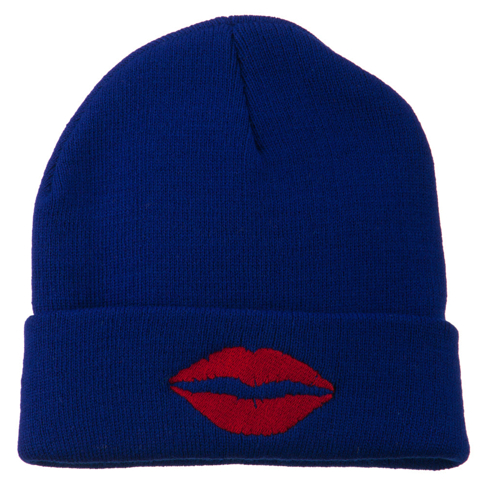 Lip Kiss Embroidered Cuff Long Beanie - Royal OSFM