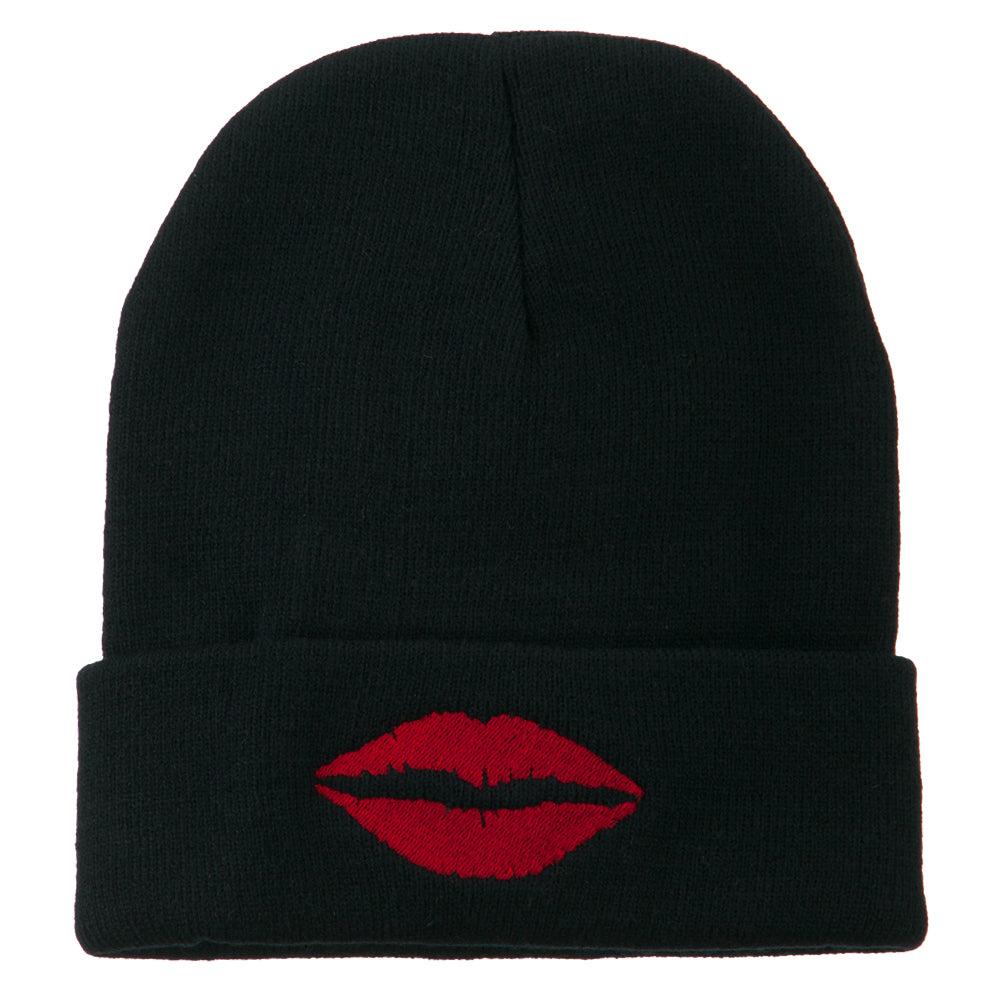 Lip Kiss Embroidered Cuff Long Beanie - Navy OSFM