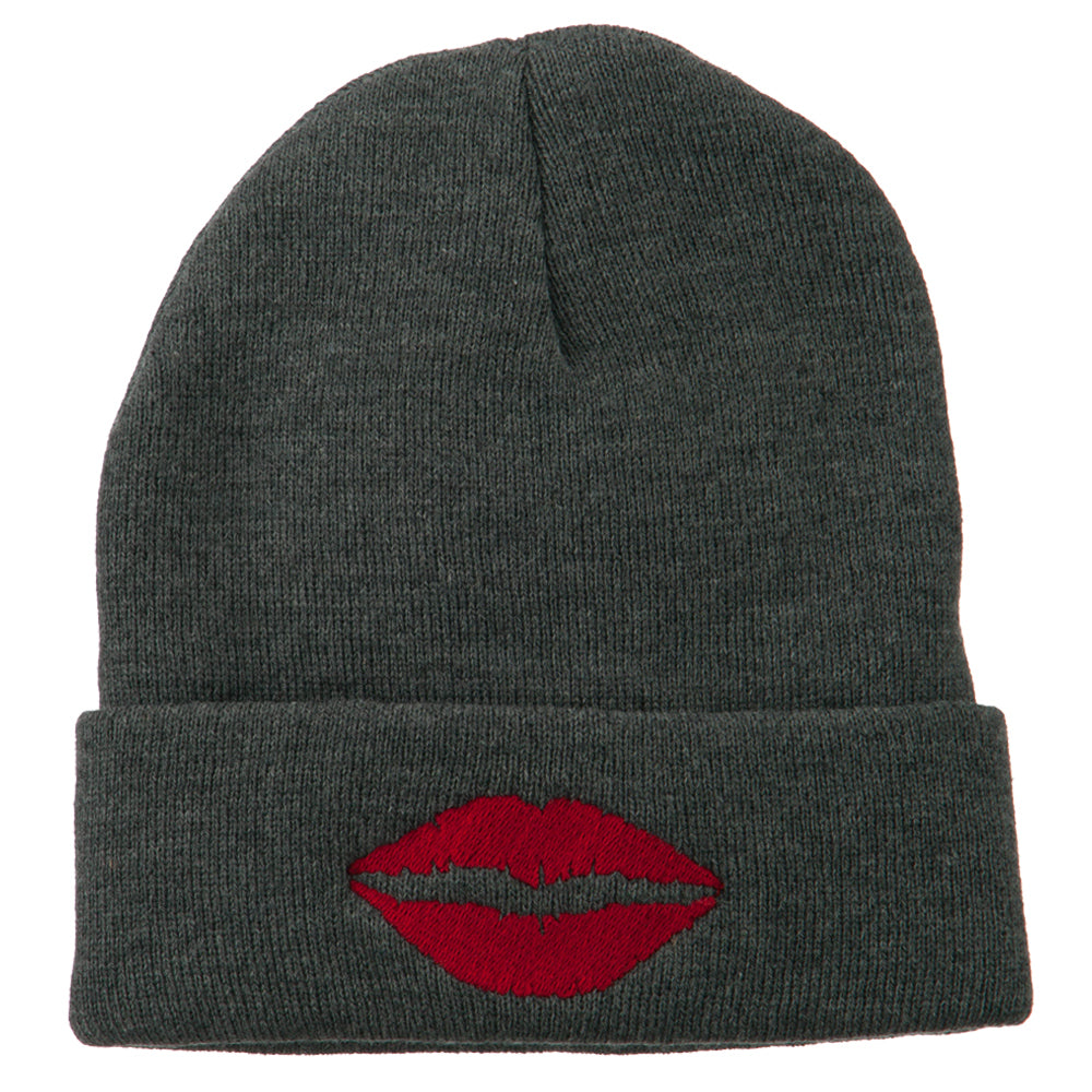 Lip Kiss Embroidered Cuff Long Beanie - Grey OSFM