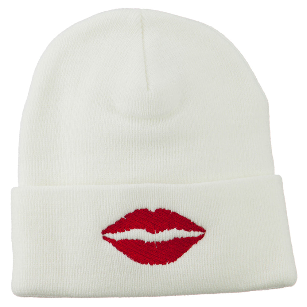 Lip Kiss Embroidered Cuff Long Beanie - White OSFM