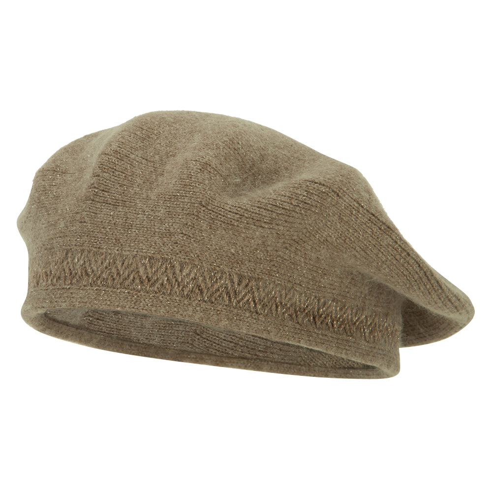 Ladies Metallic Thread Detailed Acrylic Angora Beret Hat - Taupe OSFM