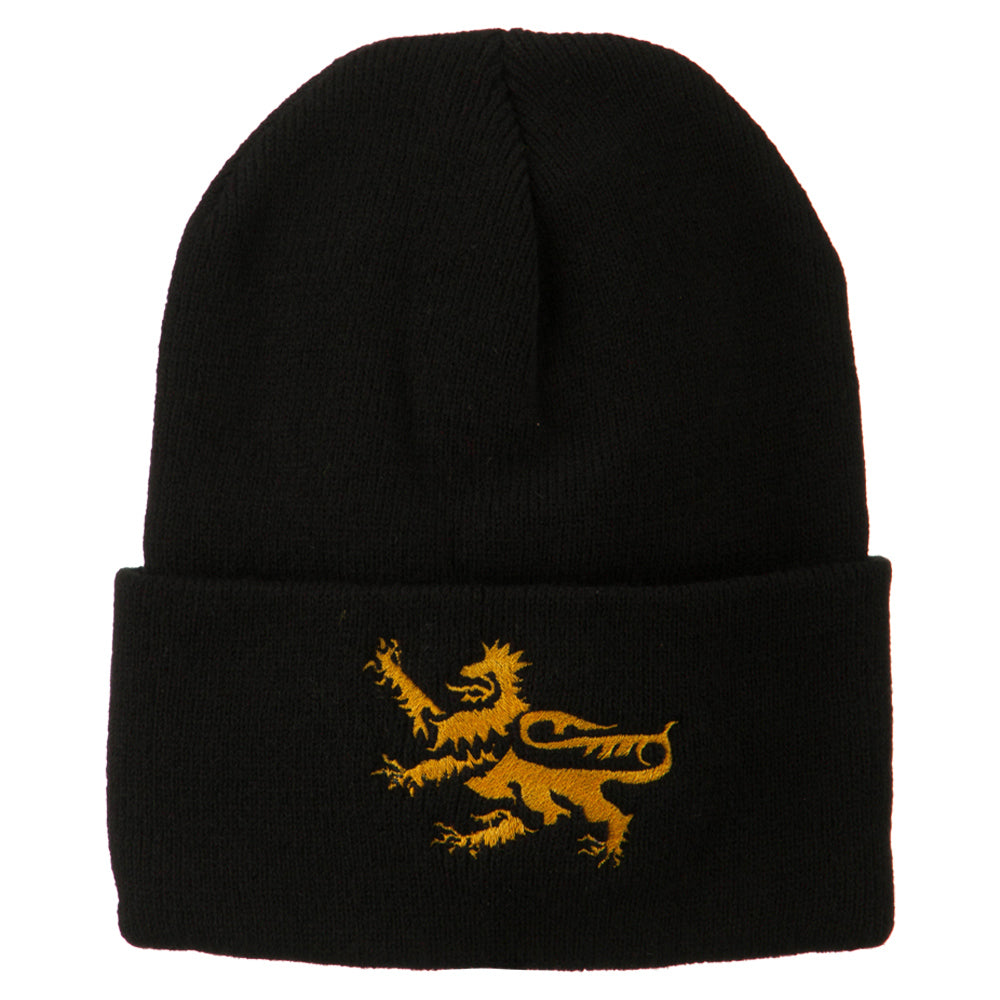 Lion Scroll Embroidered Long Beanie - Black OSFM