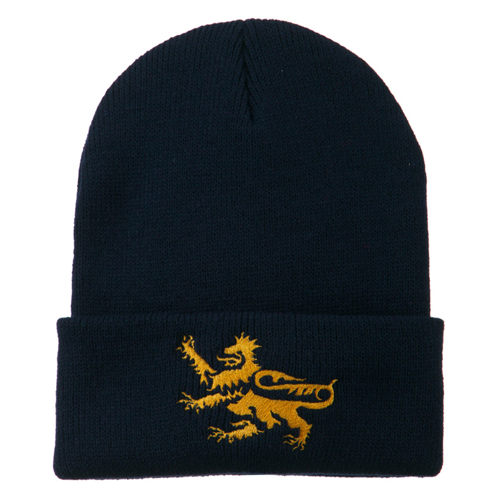 Lion Scroll Embroidered Long Beanie - Navy OSFM