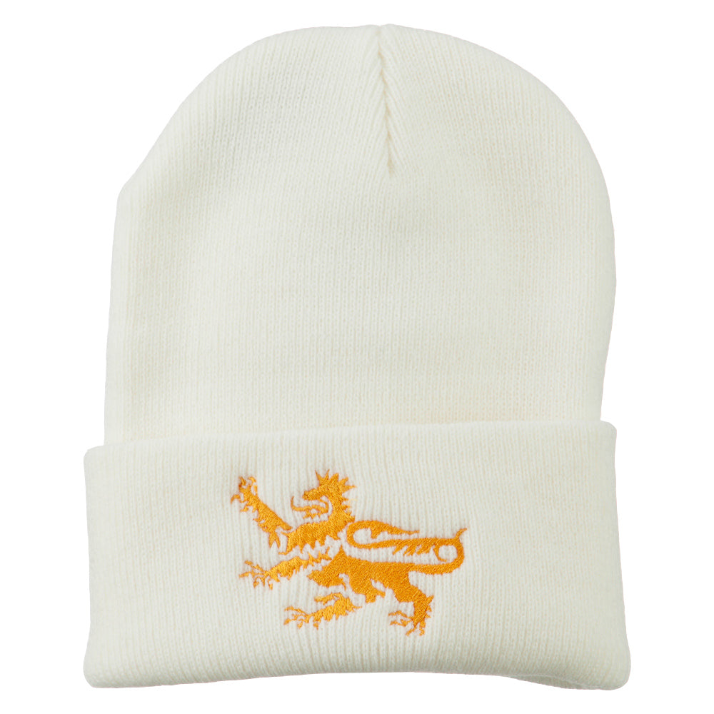 Lion Scroll Embroidered Long Beanie - White OSFM