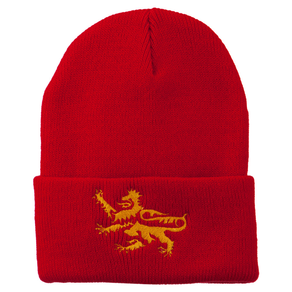 Lion Scroll Embroidered Long Beanie - Red OSFM