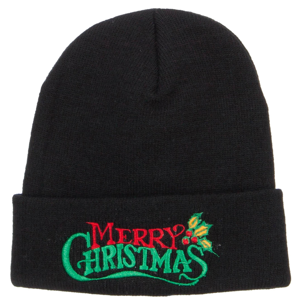 Merry Christmas Mistletoe Embroidered Long Beanie - Black OSFM