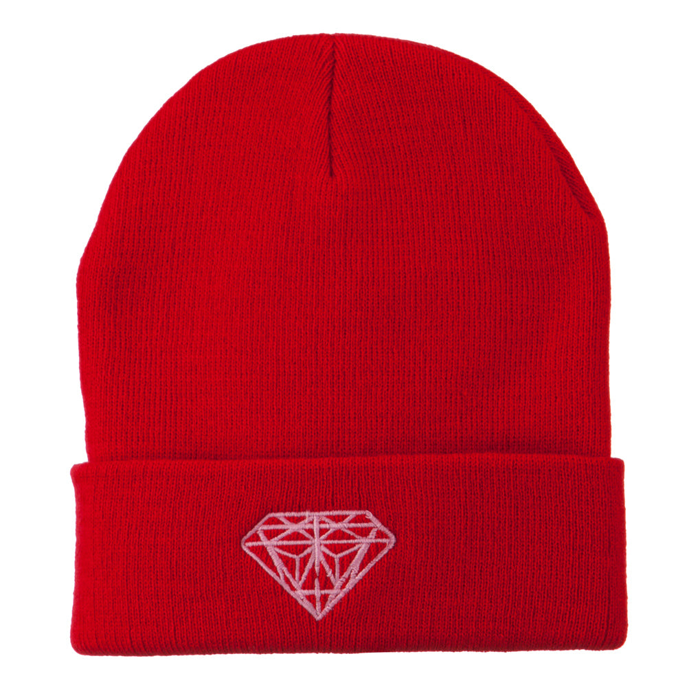 Light Pink Diamond Embroidered Long Cuff Beanie - Red OSFM