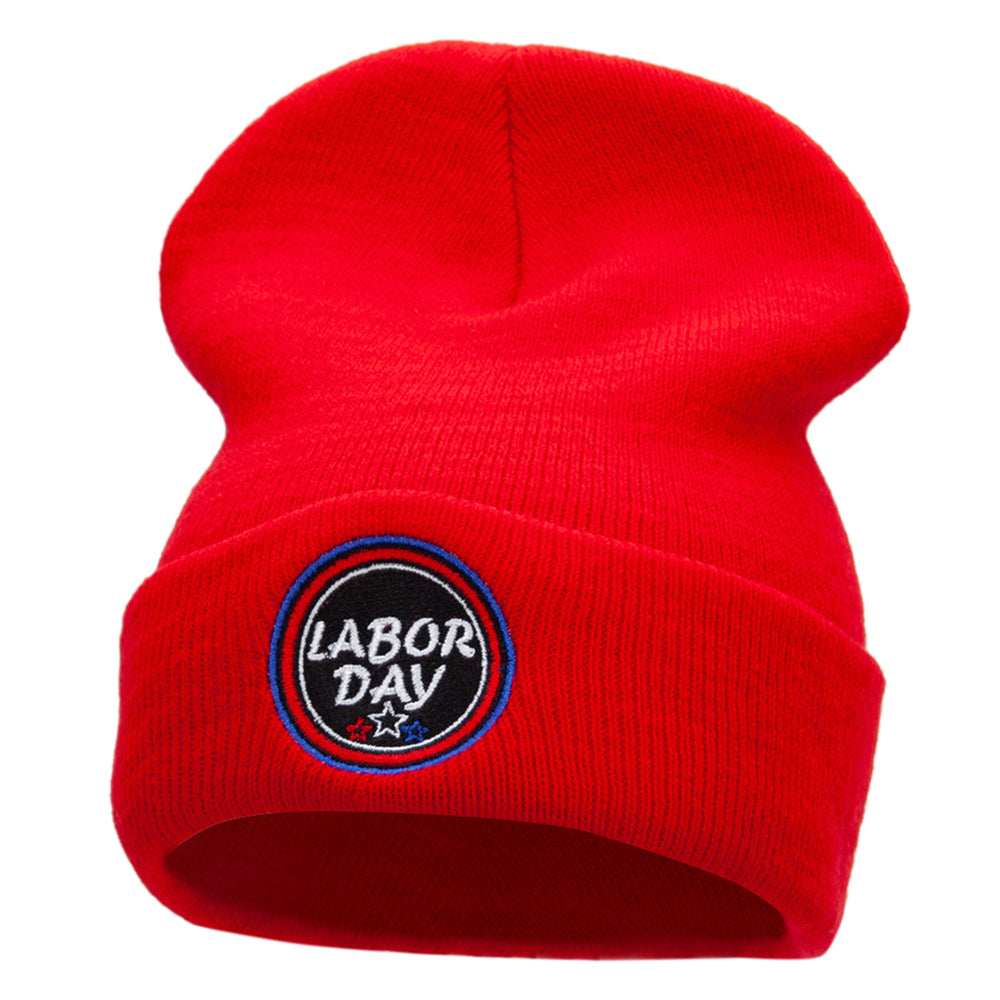 Happy Labor Day Embroidered 12 Inch Long Knitted Beanie - Red OSFM
