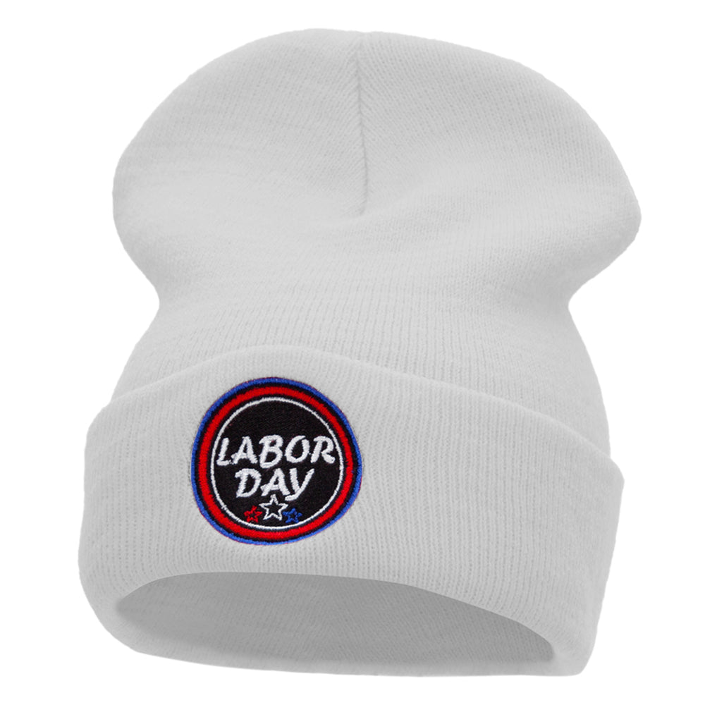 Happy Labor Day Embroidered 12 Inch Long Knitted Beanie - White OSFM