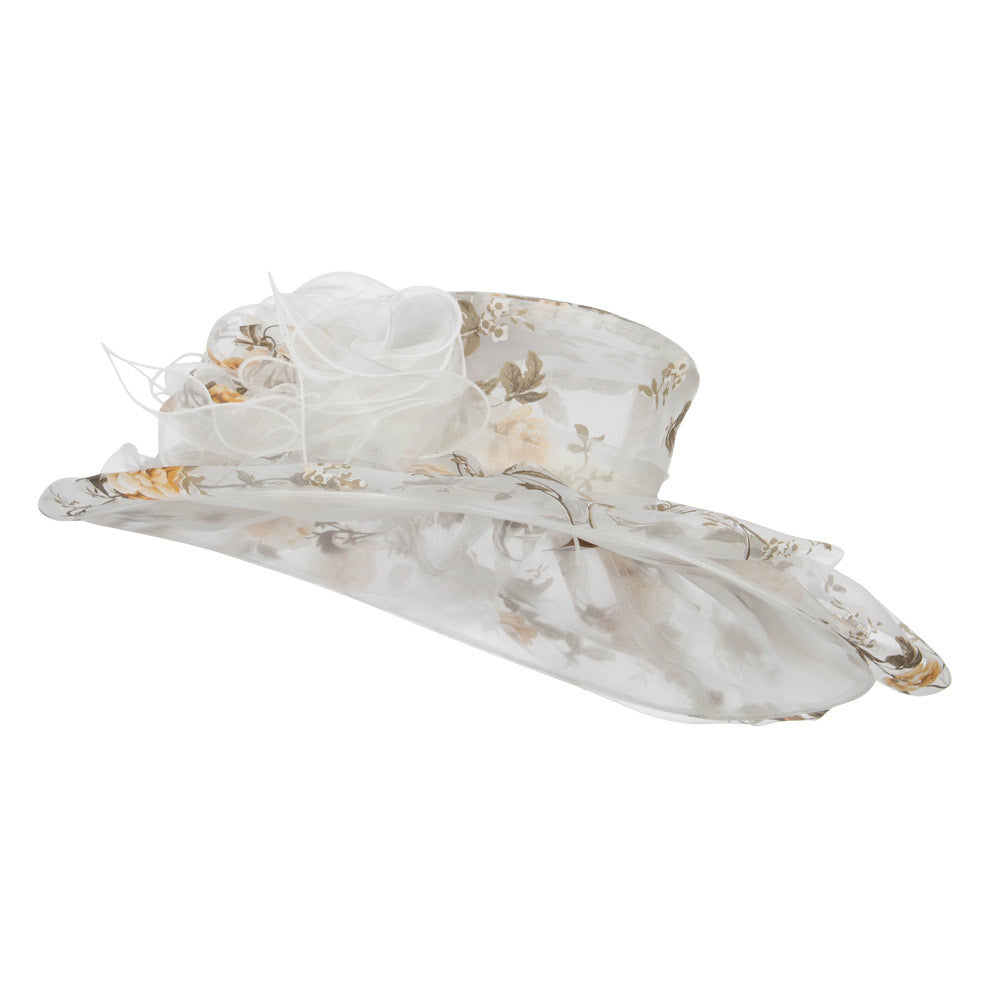 Floral Print Layered Brim Organza Hat - Yellow OSFM