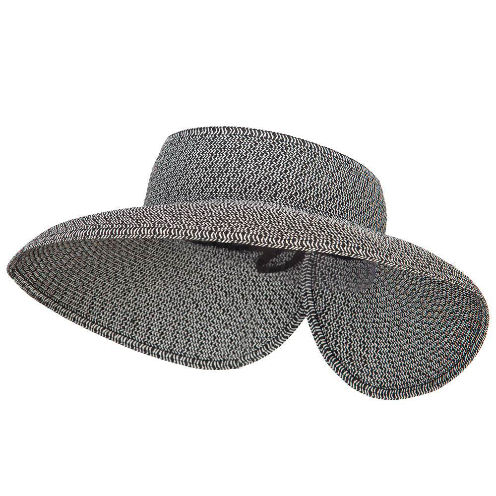 Ladies Roll Up Paper Braid Wide Brim Visor - Black White OSFM