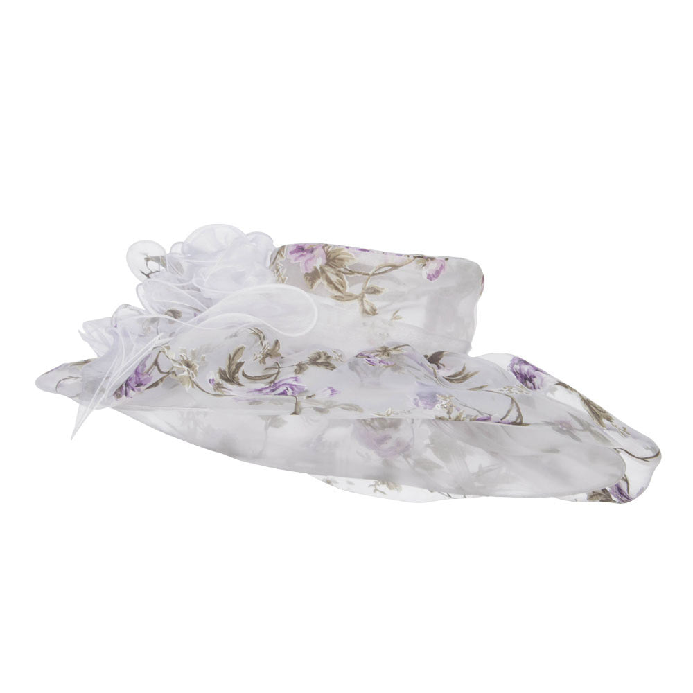 Floral Print Layered Brim Organza Hat - Purple OSFM